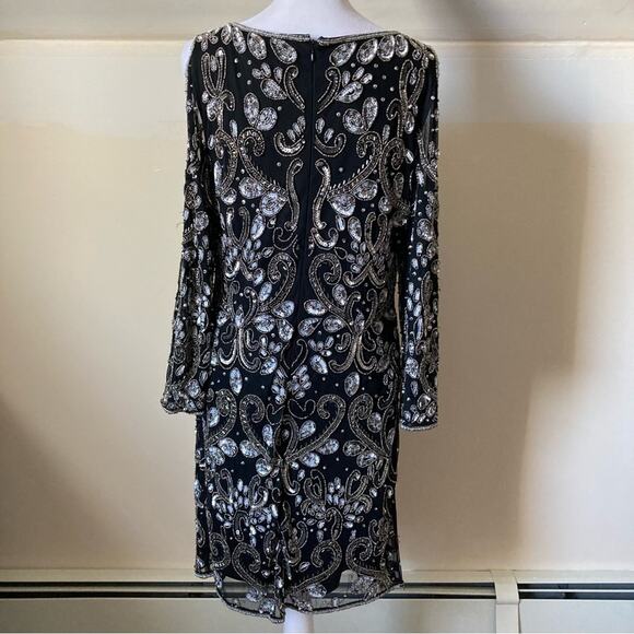 Pisarro Nights Black Evening Dress size 6 Silver Beads & Sequin Overlay - Picture 8 of 11